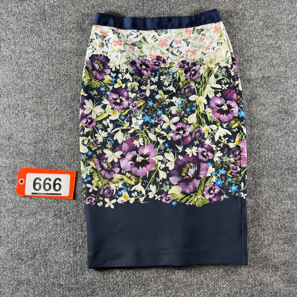 Ted Baker Pencil Skirt Womens 0 Navy Floral Butterfly Stretch Partywear Back Zip